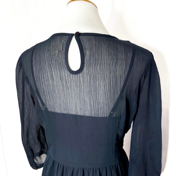 Anthropologie Embellished Beaded Sequin Floral Embroidered Navy Peplum Blouse - Picture 10 of 14